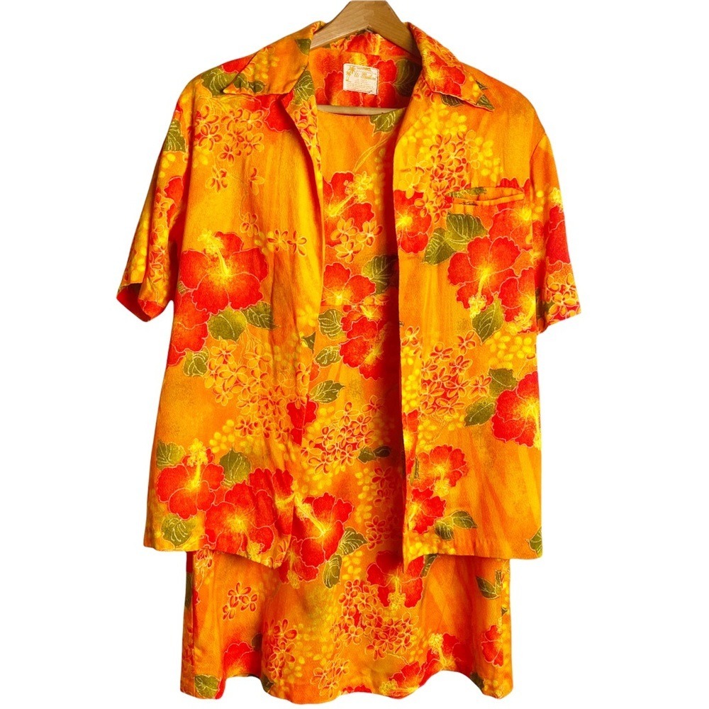 VTG Ui-Maikai 60's His & Hers Orange Yellow Hawaiian Floral Tank Dress & Shirt